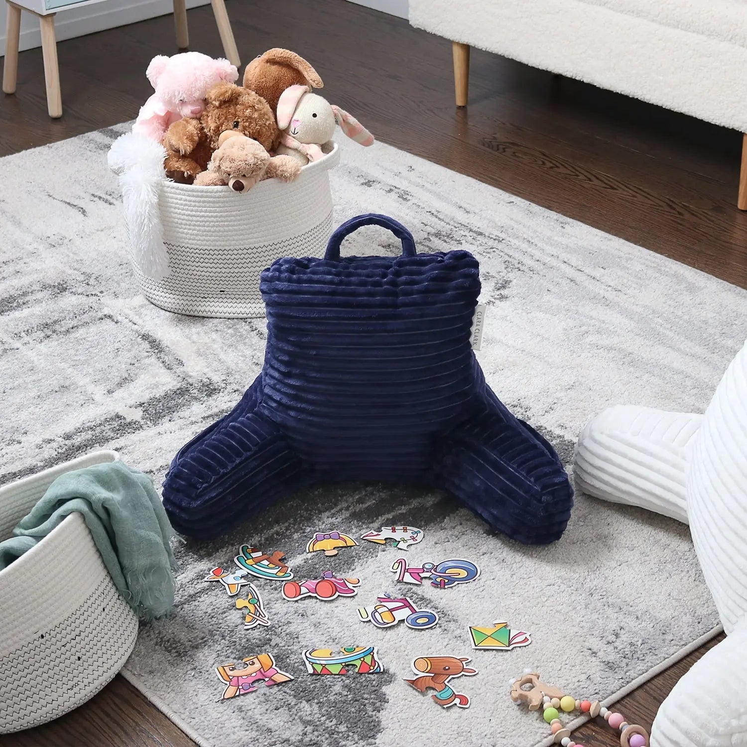 Cut Plush Striped - Shredded Memory Foam Bed Rest Pillow with Arms, Navy