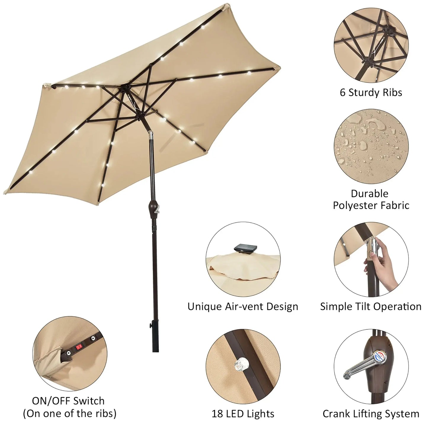 96&quot; Beige Market round Patio Umbrella, Water-Resistant