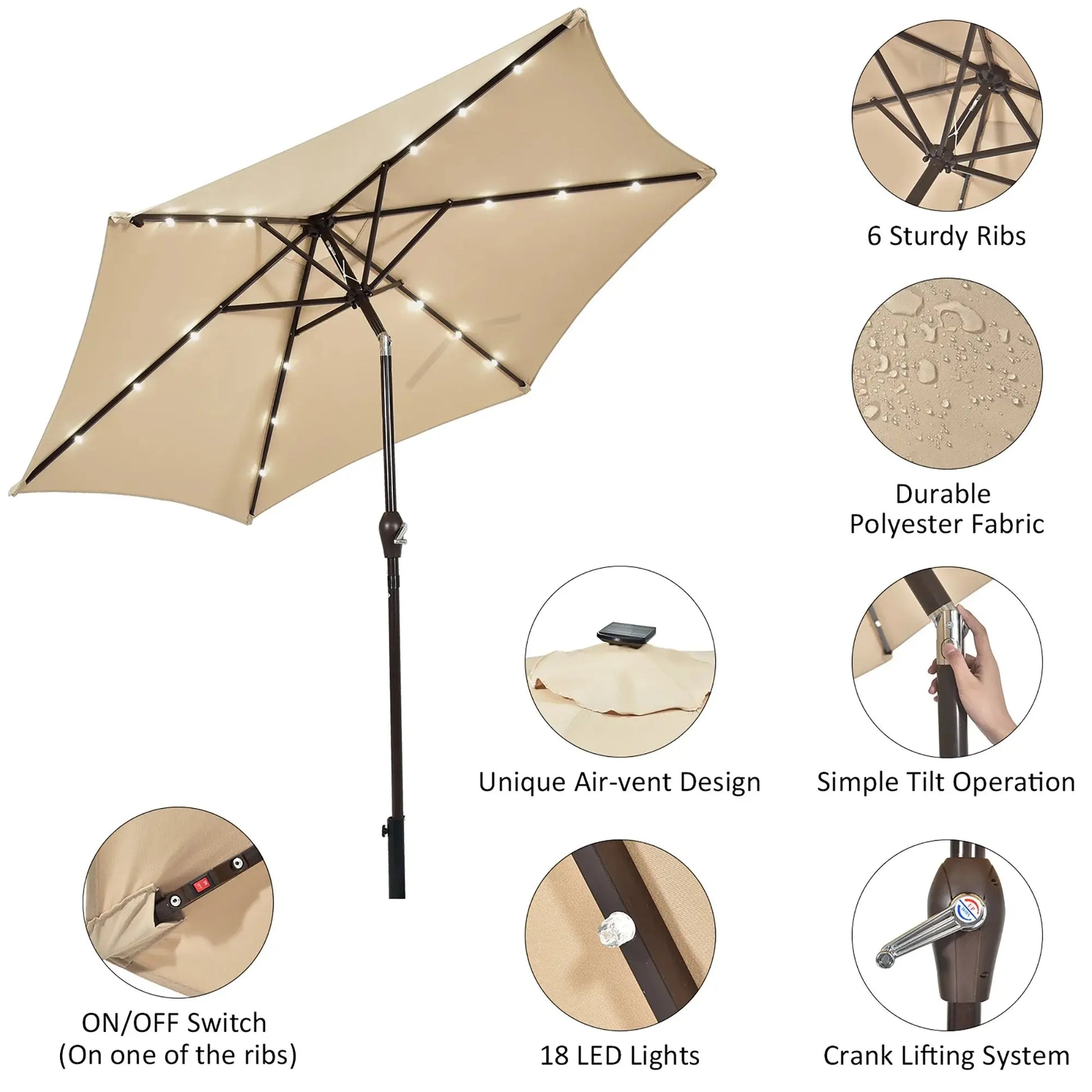 96&quot; Beige Market round Patio Umbrella, Water-Resistant