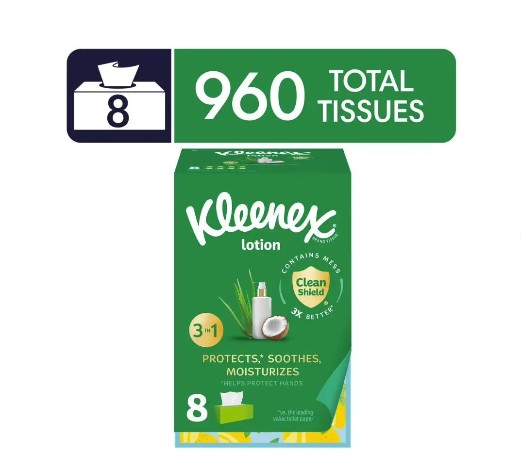 Kleenex Lotion Facial Tissues with Coconut Oil, 8 Flat Boxes, 120 Tissues Per Box, 3-Ply Napkin
