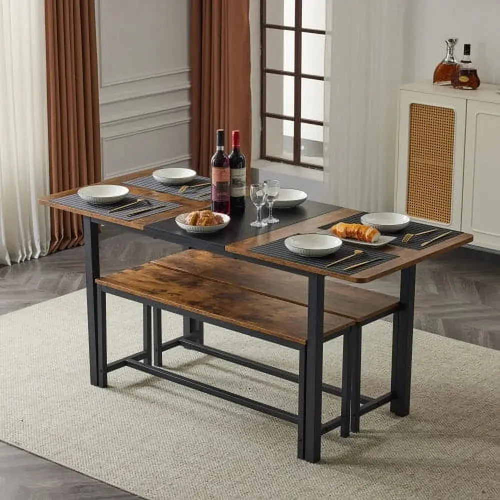 Ktaxon Extendable Dinner Table for 6 Dining Room Table Set Rectangle Kichen Table with Two Benches 63" W Fire Wood and Black