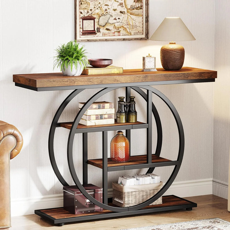 Industrial 41.3" Console Table, 4-Tier Sofa Table Narrow Wood Entryway Table with Storage Shelves for Living Room, Rustic Brown