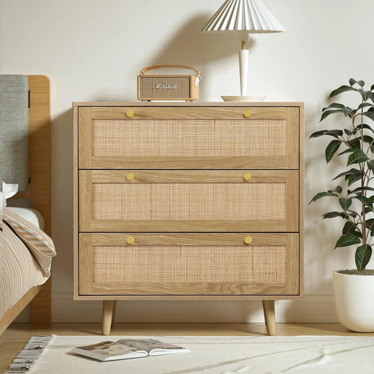 3 Drawer Dresser for Bedroom, Rattan Dresser Modern Wood Chest of Drawers with Spacious Storage for Bedroom Hallway Living Room, Rustic Oak, H0027