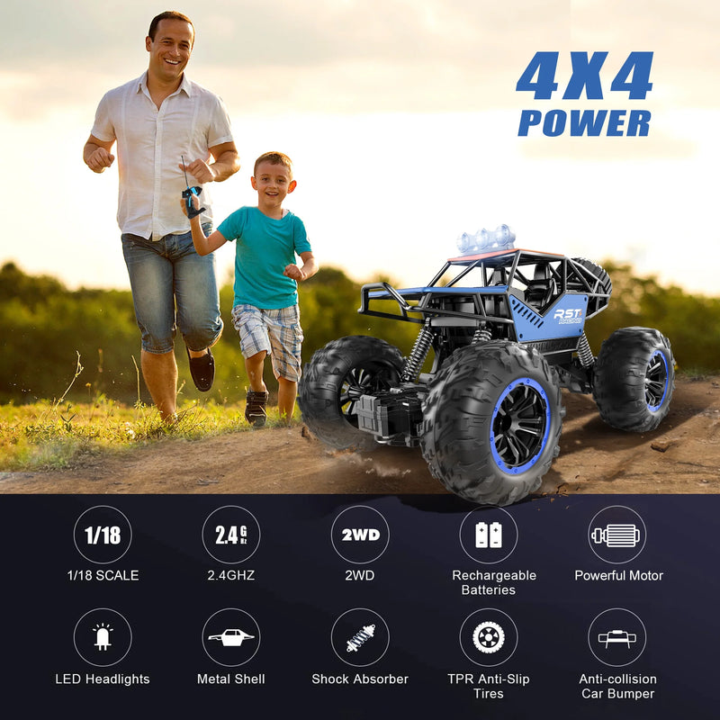 Blue Remote Control Cars 1:18, All Terrain Metal Shell 4X4 Off-Road Vehicle Monster Truck, High Speed 2.4 Ghz RC Car, Christmas Birthday Gift Outdoor Toys for Kids 6+ & Adults