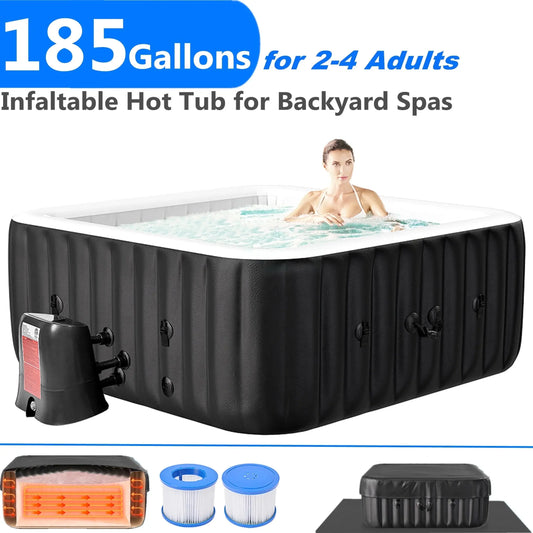 185 Gallon Inflatable Hot Tub 4 Person Square with Control Panel, Portable Outdoor Airjet Hot Tub Spa with 110 Bubble Jets, Filter, Insulated Tub Cover and Floor Protector, Temperature up to 104°F