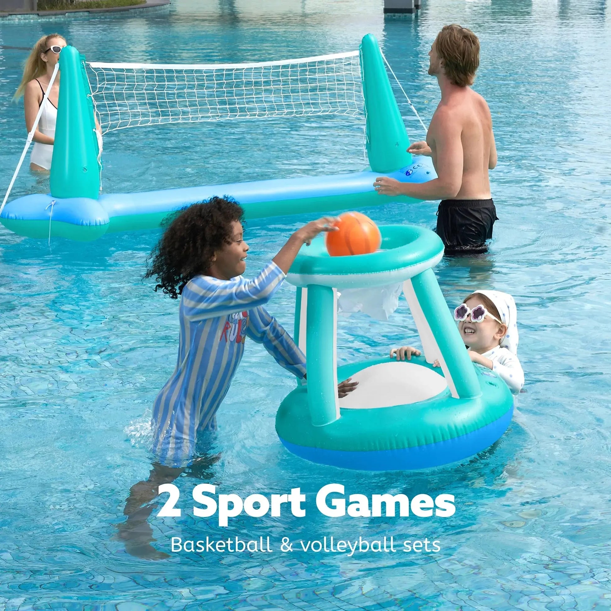 Inflatable Pool Float Game Set with Inflatable Volleyball Net & Basketball Hoops, Summer Pool Game for Kids and Adults