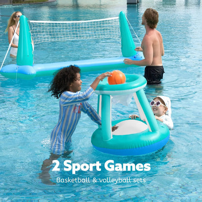 Inflatable Pool Float Game Set with Inflatable Volleyball Net & Basketball Hoops, Summer Pool Game for Kids and Adults
