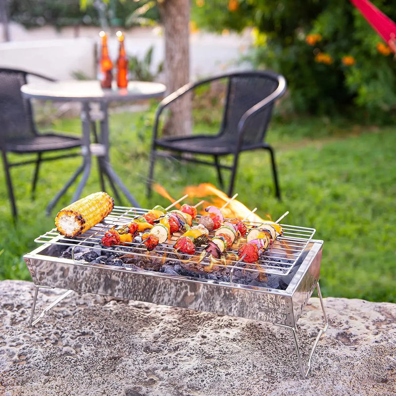17" in Portable Tabletop Grill, Charcoal Barbecue Grill, Stainless Steel Portable Folding Tabletop Charcoal Grill for Shish Kabob Burgers & Meat Steak.
