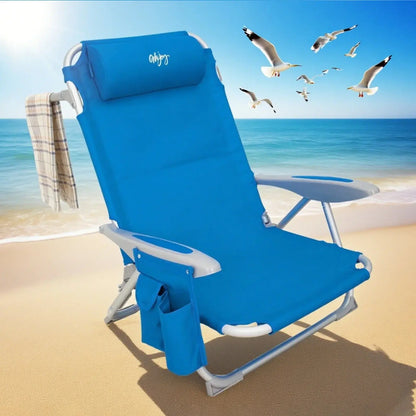 Ultimate Comfort: 4-Position Adjustable Backpack Beach Chair - Lightweight Aluminum Relaxation with Headrest, Cup Holder, and Towel Rack - Holds Up to 265 lbs!