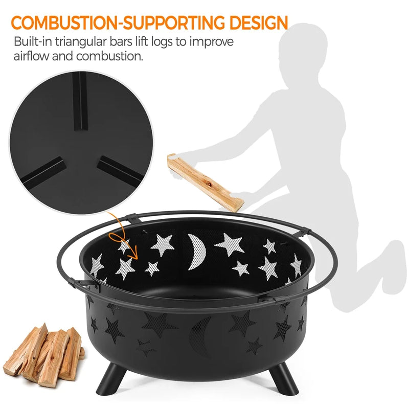 Iron Fire Pit with Poker Mesh Cover for BBQ Backyard Patio, Black