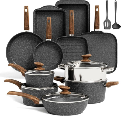 Induction Cookware Set-17 Piece Non-Stick Cooking Pan Set, Black Granite Pots and Pans Set