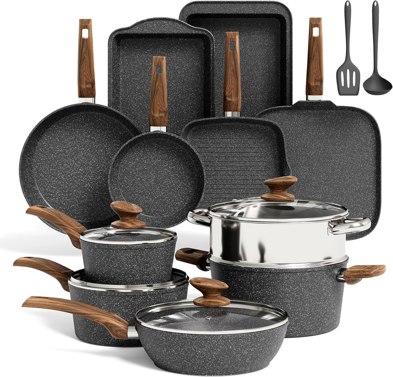 Induction Cookware Set-17 Piece Non-Stick Cooking Pan Set, Black Granite Pots and Pans Set