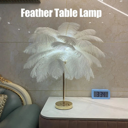 Touch Switch Feather Lamp, Feather Table Lamp, Touch Switch USB Ostrich Feather Lamp 3 Color Dimming Desk Lamp with Gold Metal Base 30Pcs Feather