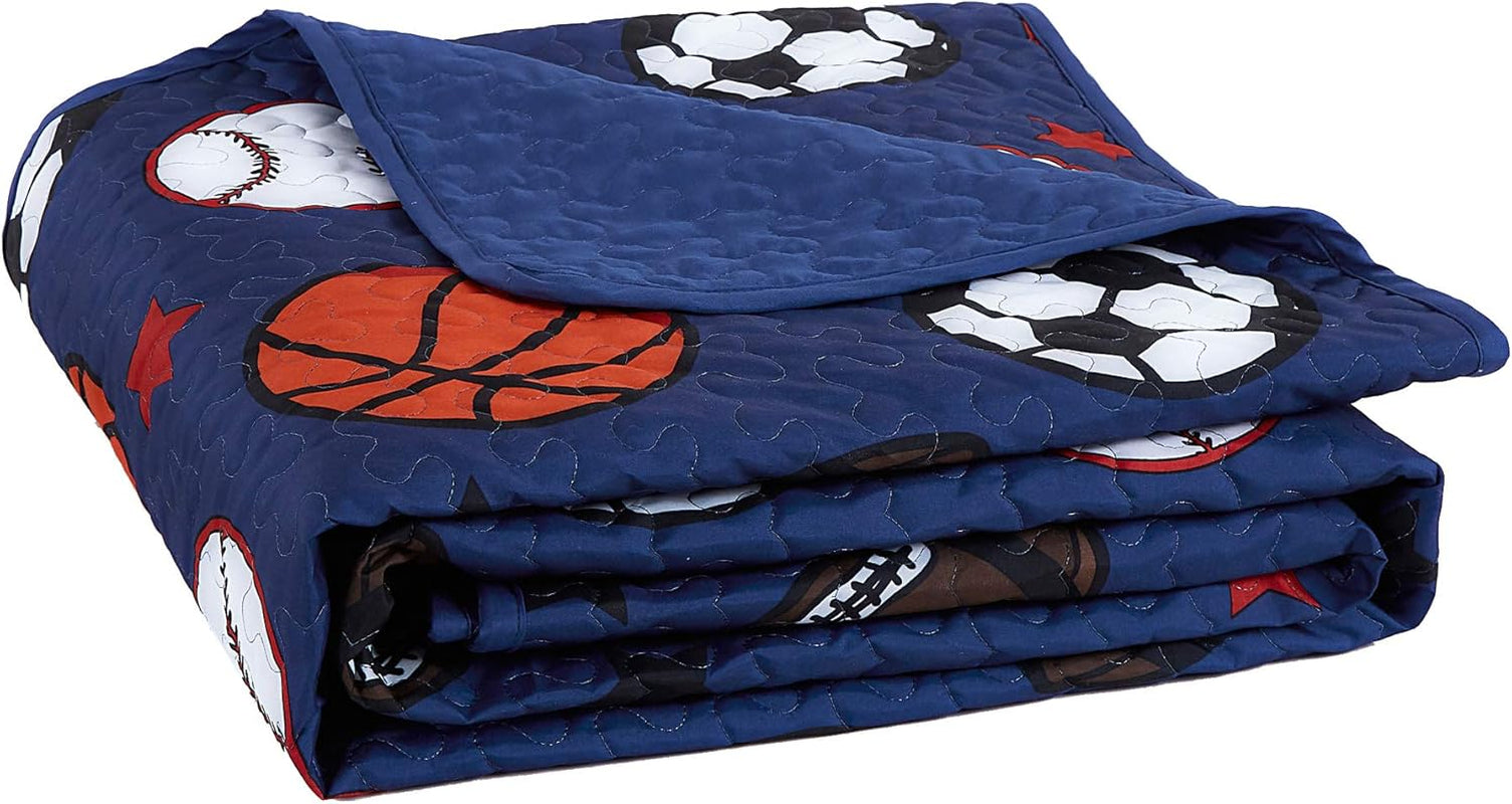 Blue Twin Quilt Set, Football Baseball Print Quilt Set Basketball Sports Soccer Fan Theme Bedspread for Twin Bed Quilted with Pillow Sham(Football, Twin)