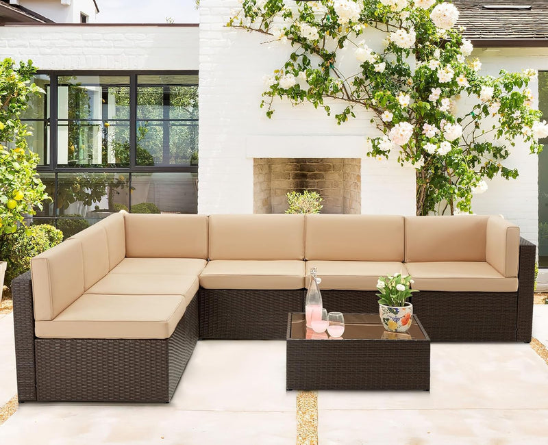 7-Piece Outdoor Patio Furniture Set with PE Rattan Wicker Sofa, Cushions, and Tea Table in Brown