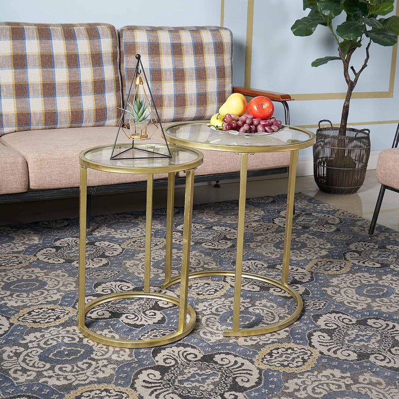 Set of 2 Gold Glass Nesting Side Tables - Round Stacking Coffee Tables for Small Spaces, Ideal for Living Room and Bedroom Decor
