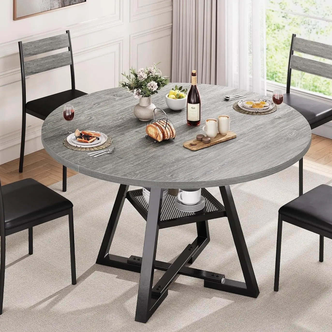 Round Dining Table for 4,Kitchen Dining Room Circle Dinner Pedestal Table,Space Saving Wood Kitchen & Dining Room Furniture (Grey, 47In)