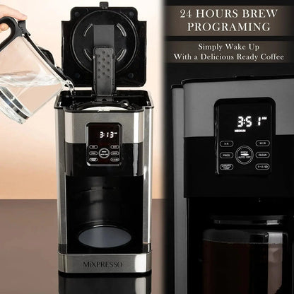 12-Cup Programmable Drip Coffee Maker with LCD Touch Display, Borosilicate Glass Carafe, Anti-Drip System, and Stainless Steel Finish