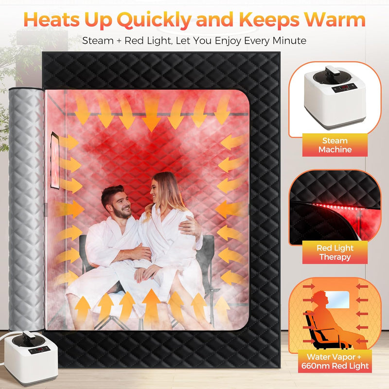 Upgraded 2 Person Portable Infrared Sauna Box with 5-Layer Waterproof, 2 Steamers, 2 Folding Chair for Spa, Indoor, Outdoor, Gym, Pilates, 71”X 36”X 49”, Black-2 Person