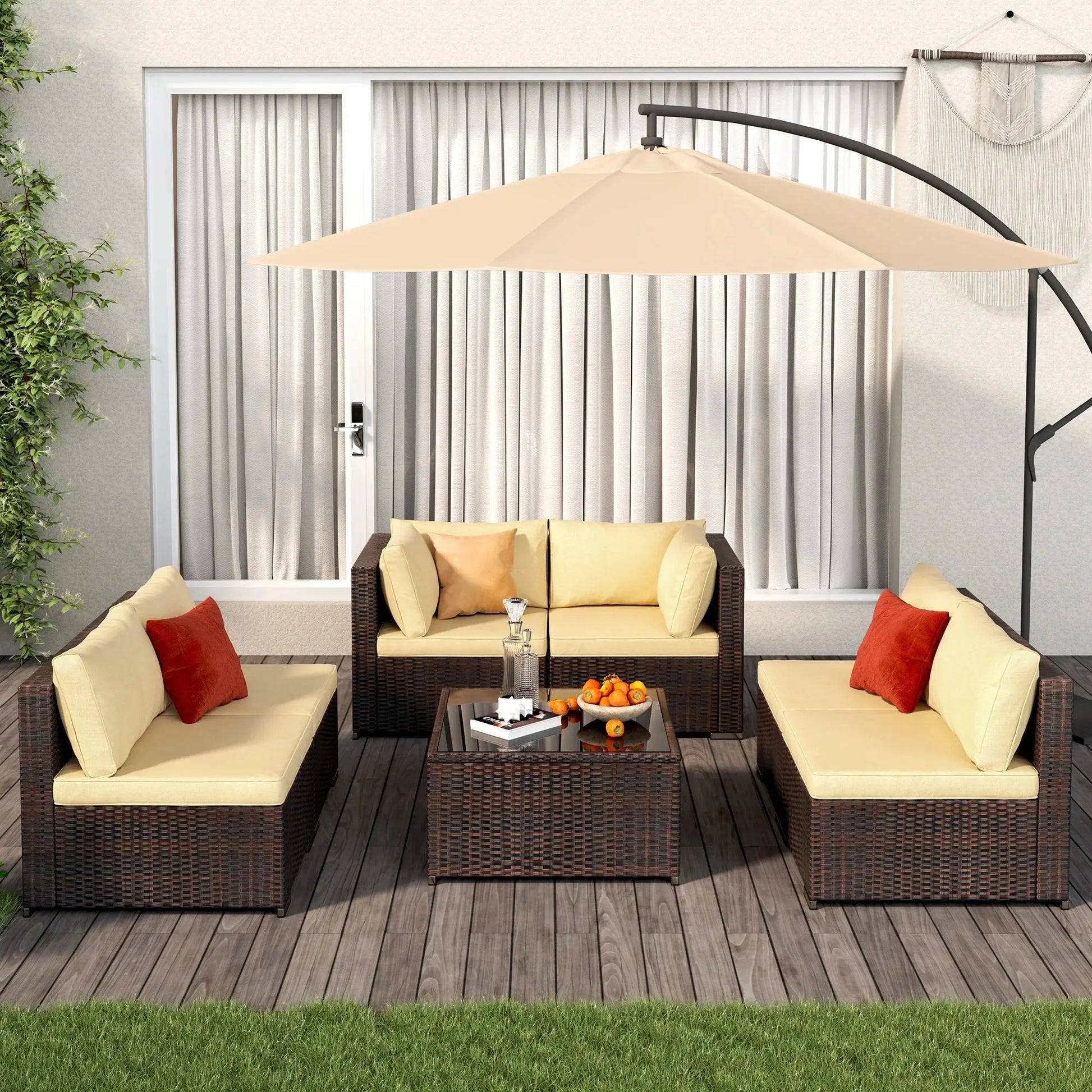 Patio Furniture Set 7-Piece Outdoor Seating Sofa Set with Glass Coffee Table, Beige