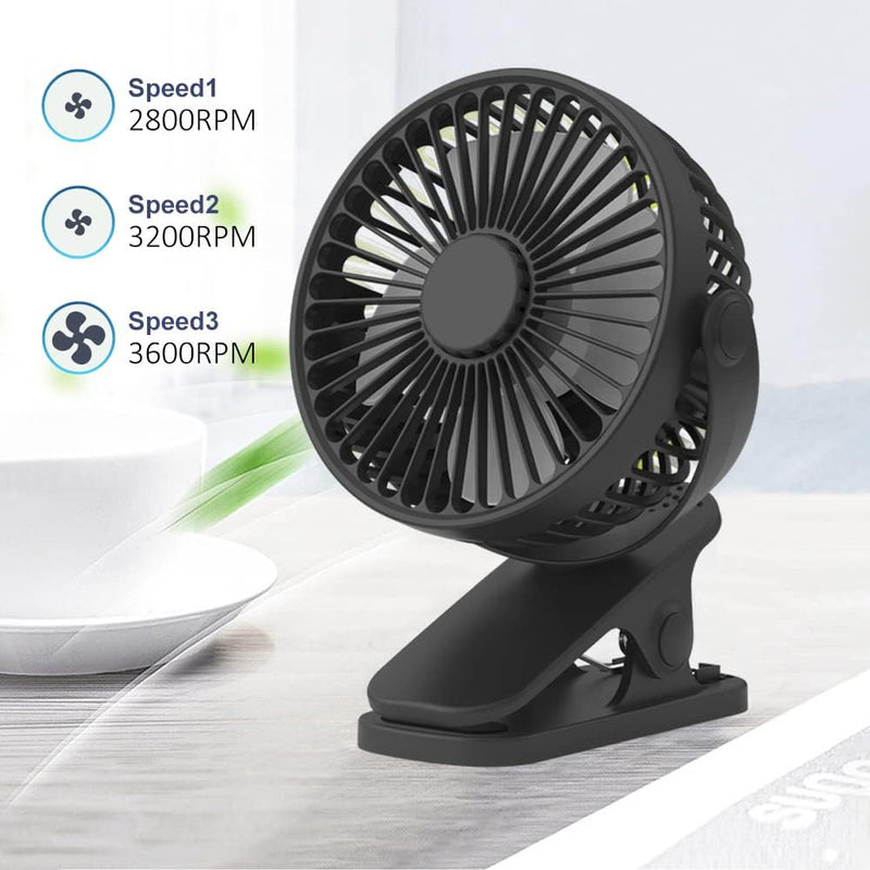 6-Inch Portable Clip-On Fan, Battery-Powered USB Desk Fan with 3 Speed Settings, Adjustable Clamp, 360° Rotation for Office, Home, Dormitory, and Stroller (Black)