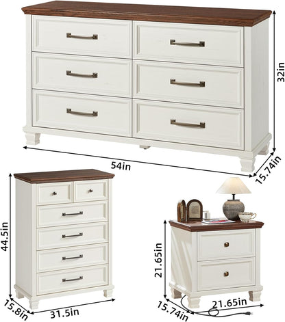 Charming Farmhouse Bedroom Dresser and Nightstand Set - Rustic 6 Drawer Tall & Low Dresser with 2 USB Ports and 2 Drawer Nightstand for Elegant Storage Solutions in White