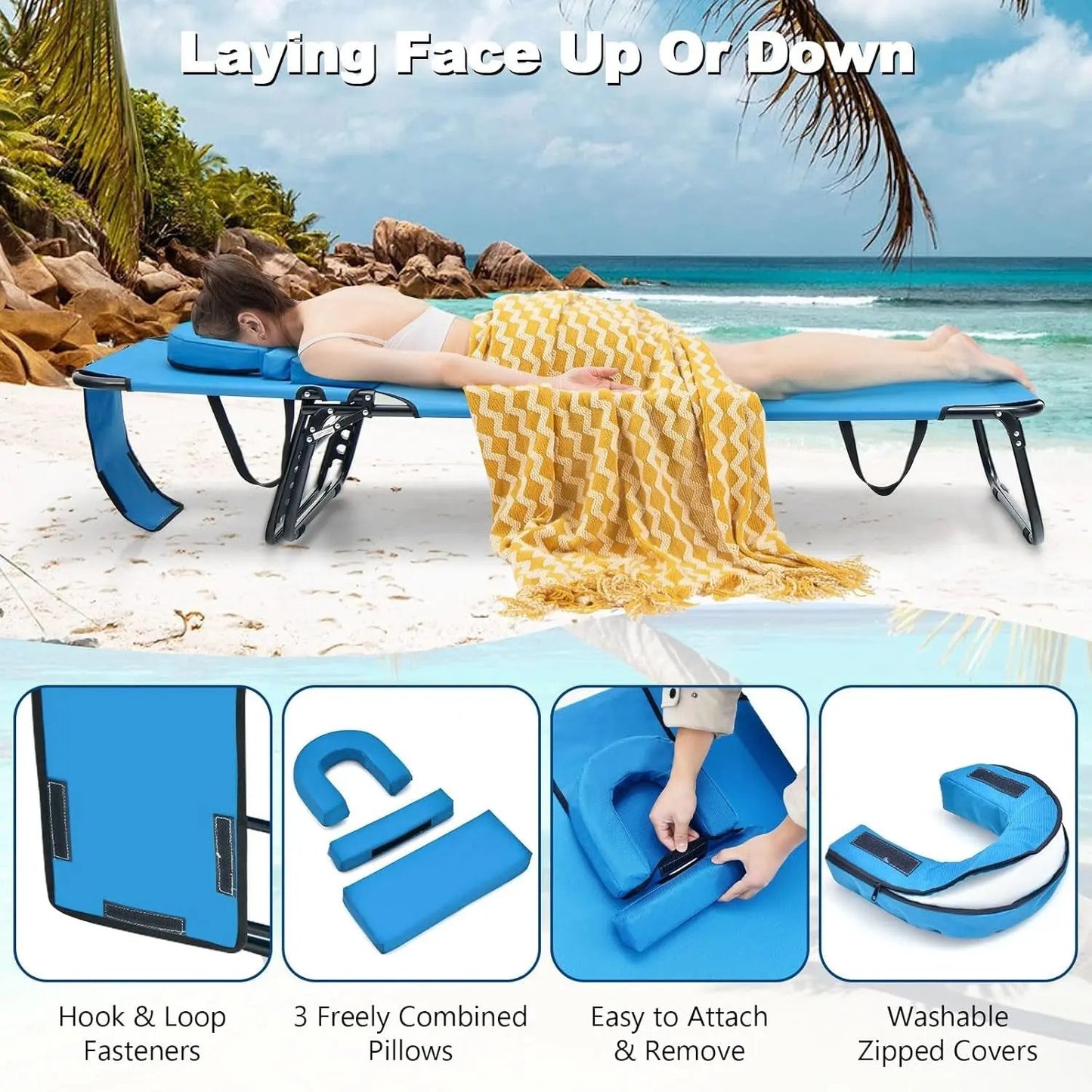Chill in Style with Our Folding Chaise Lounge Beach Chair! Perfect for Tanning with a Face Hole Pillow – Ideal for Poolside, Patio, or Backyard Relaxation! 🌞💦 #SummerVibes #BeachReady