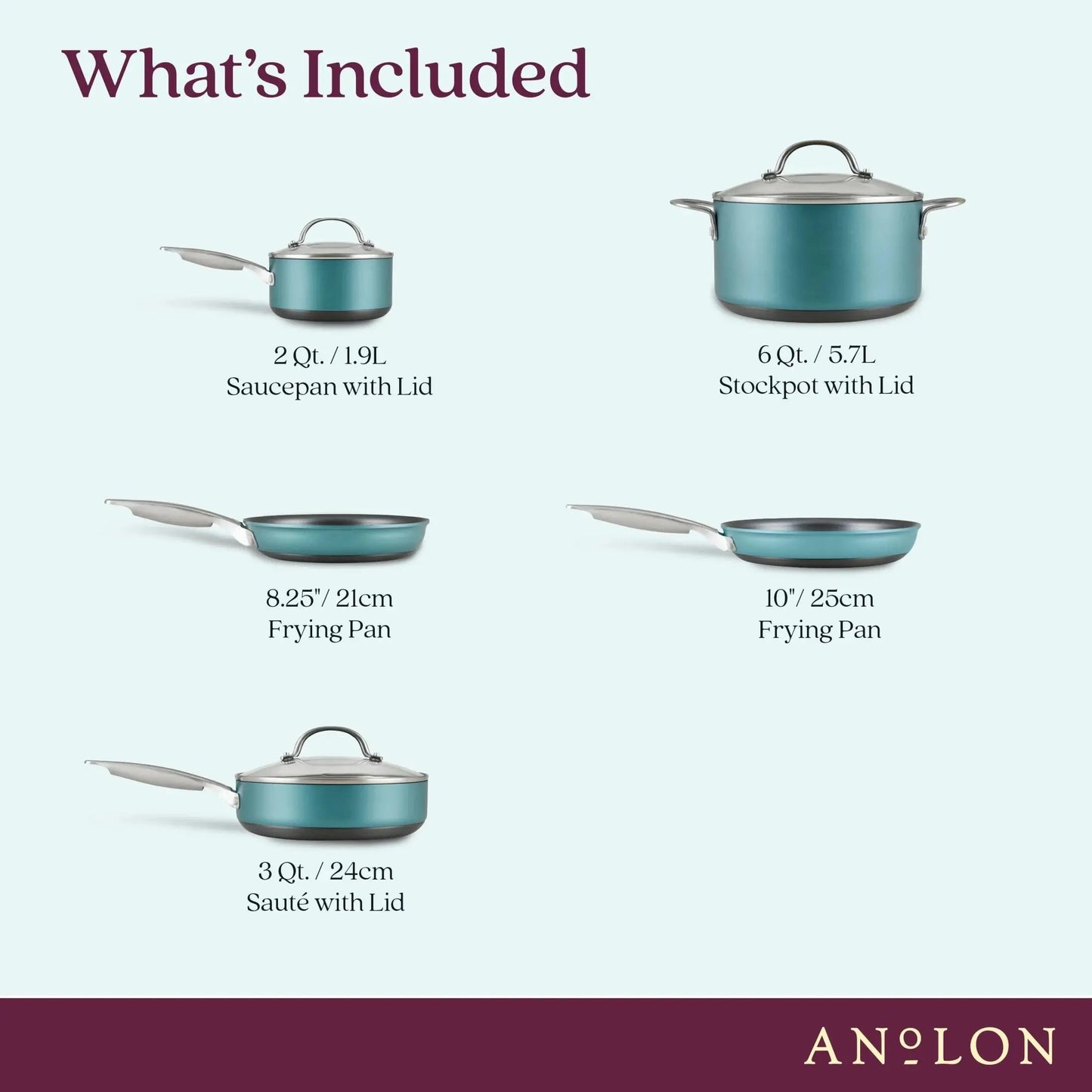 Achieve 8 Piece Hard Anodized Nonstick Pots and Pans Set, Teal