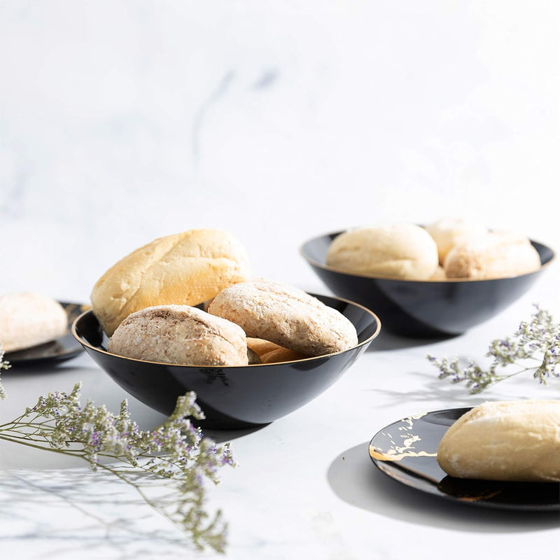 Elevate Your Party with Elegant 16oz Black Soup Bowls Featuring a Chic Gold Rim – 20 Count of Premium Disposable Tableware!