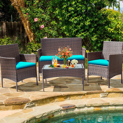 4 Piece Outdoor Patio Furniture PE Rattan Wicker Table and Chairs Set with Cushions, Blue
