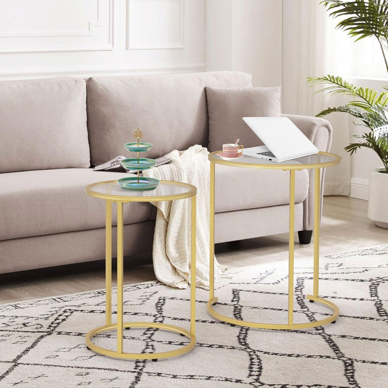 Set of 2 Gold Glass Nesting Side Tables - Round Stacking Coffee Tables for Small Spaces, Ideal for Living Room and Bedroom Decor