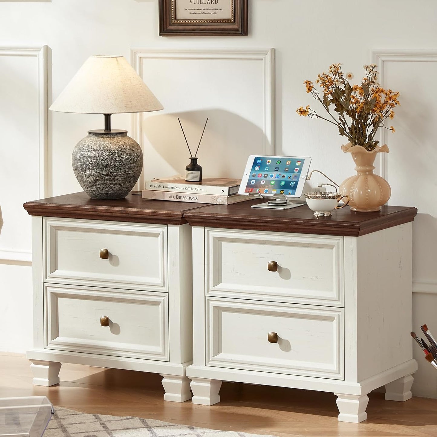Charming Farmhouse Bedroom Dresser and Nightstand Set - Rustic 6 Drawer Tall & Low Dresser with 2 USB Ports and 2 Drawer Nightstand for Elegant Storage Solutions in White