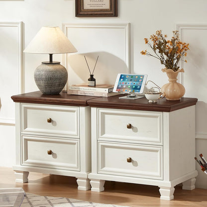 Charming Farmhouse Bedroom Dresser and Nightstand Set - Rustic 6 Drawer Tall & Low Dresser with 2 USB Ports and 2 Drawer Nightstand for Elegant Storage Solutions in White