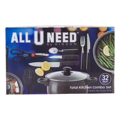 Gibson All U Need Stainless Steel Total Kitchen Combo Set - 32 Pieces - Black Cookware Gibson