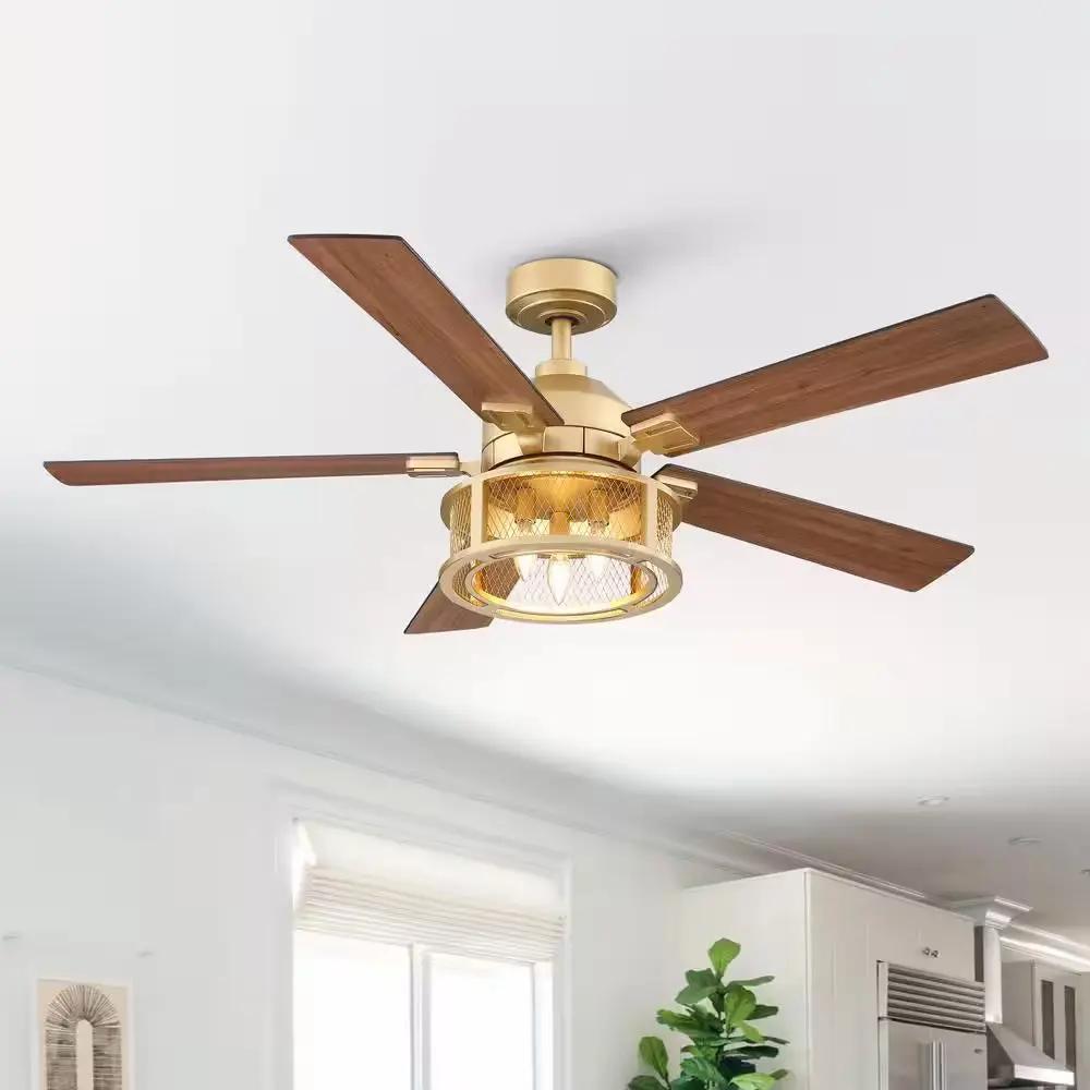 52 In. Indoor Industrial Mesh Metal Reversible Blades Black Ceiling Fan with Light Kit and Remote Control