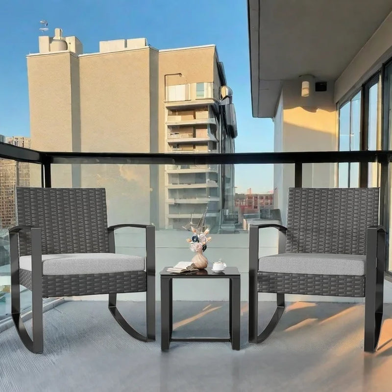 3-Piece Outdoor Rocking Chairs, Patio Furniture with Thickened Cushions and Coffee Table for Garden, Balcony, Porch, Backyard, Gray