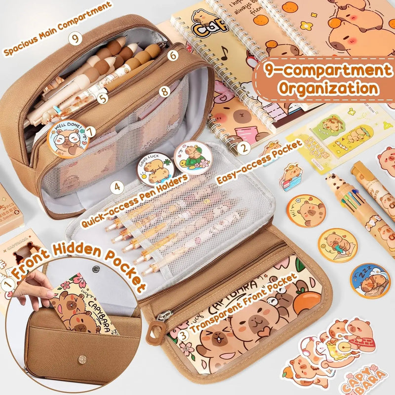 Kids School Supplies for Girls Boys, 36PCS Cute Capybara Stationery Set with Pencil Case Gel Pens Pencil Stickers Pins Notebooks Sticky Notes Kawaii Birthday Gifts for Kindergarten Elementary