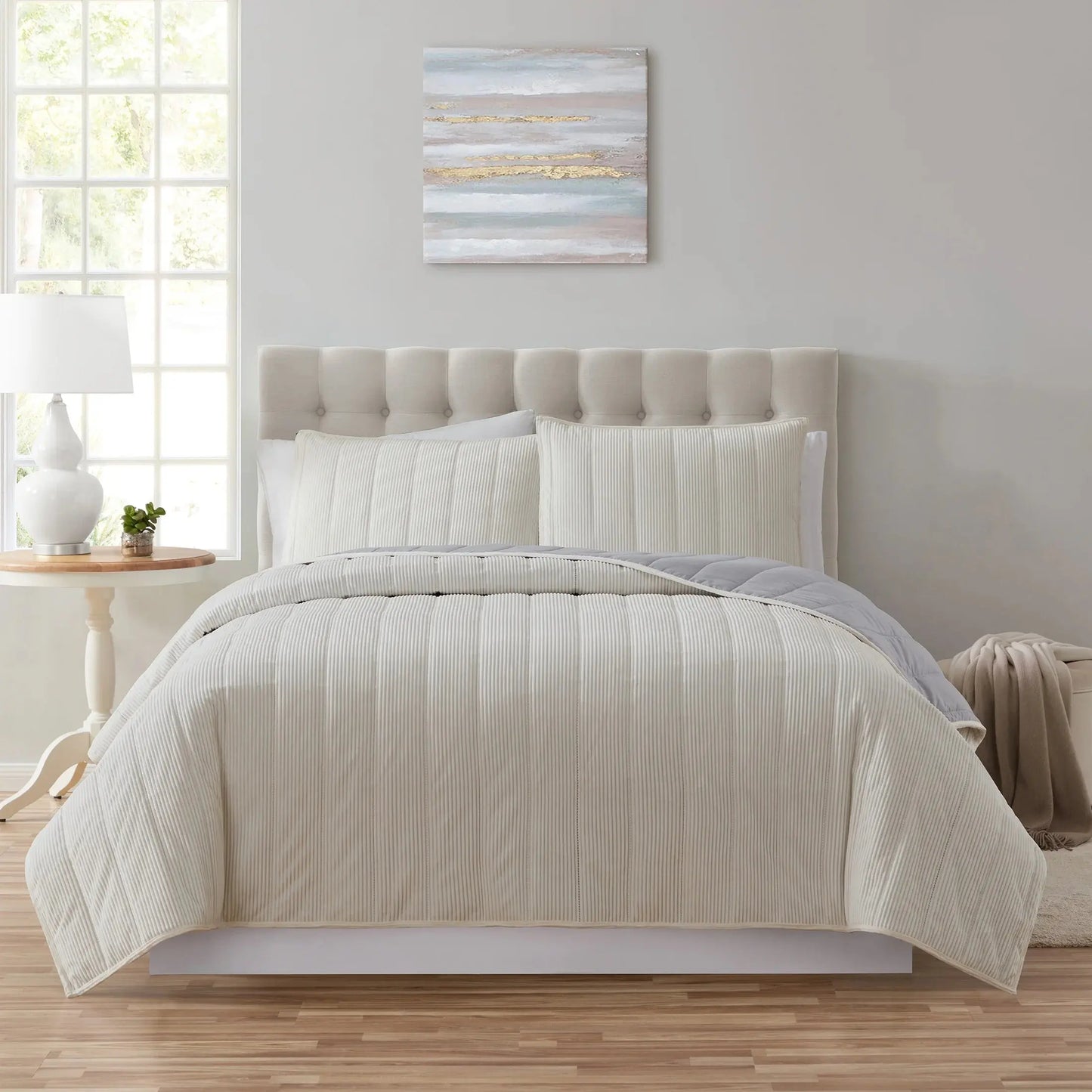 Solid Textured Corduroy Striped Quilt, White, Full/Queen, All Ages
