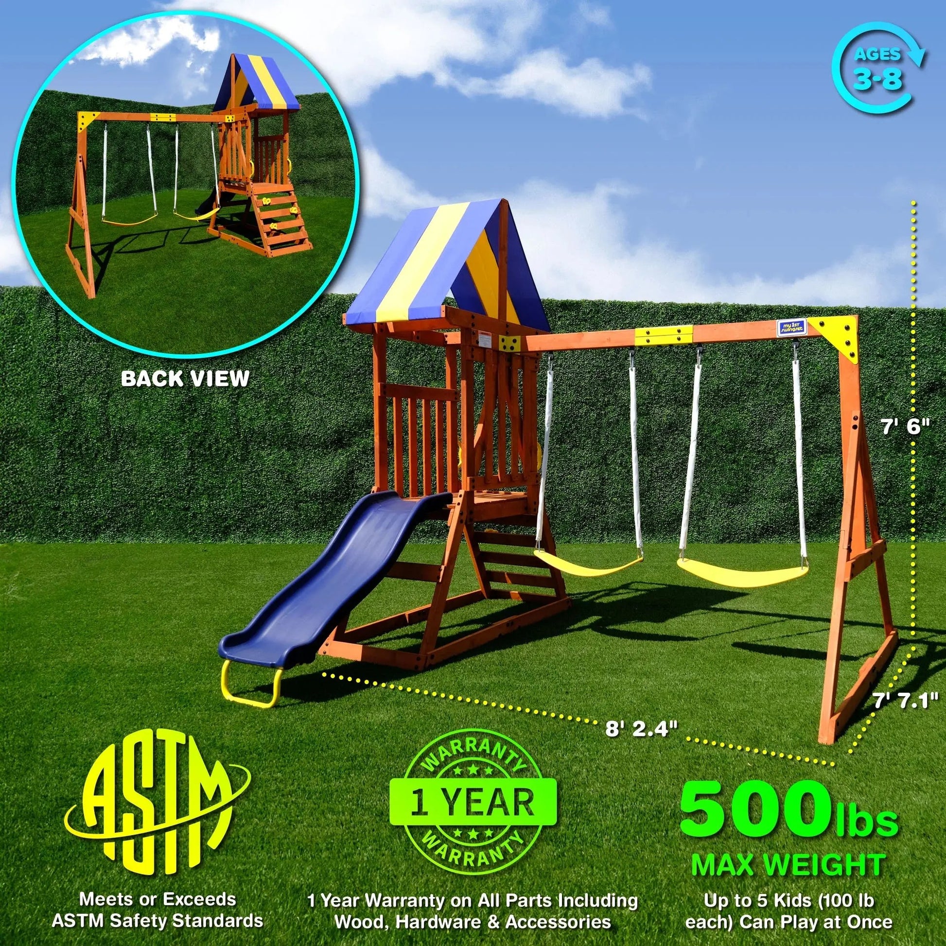 My First Wooden Swing Set with Dual Swings, Rock Climbing Feature, and 6-Foot Slide