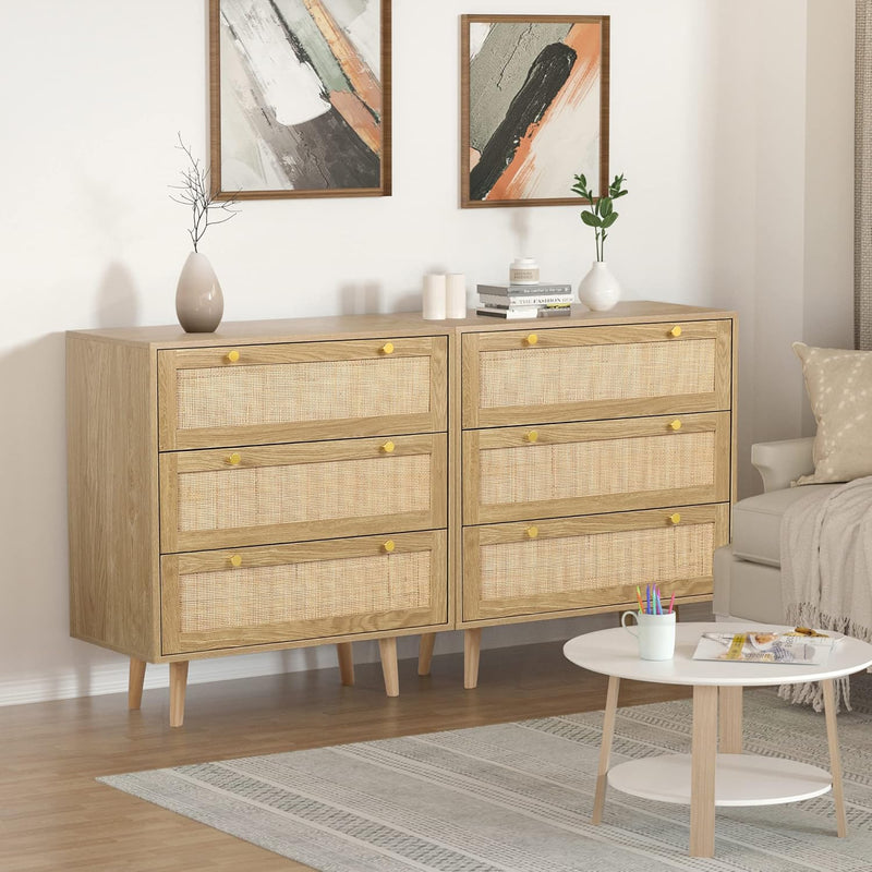 3 Drawer Dresser for Bedroom, Rattan Dresser Modern Wood Chest of Drawers with Spacious Storage for Bedroom Hallway Living Room, Rustic Oak, H0027