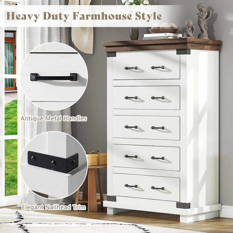 5 Pieces Farmhouse Bedroom Set, Includes Wood Rustic Queen Bed Frame with 54" Tall Headboard, 6 Drawer Dresser Chest, 5 Drawer Tall Dresser, Nightstands Set of 2 with Charging Station, White