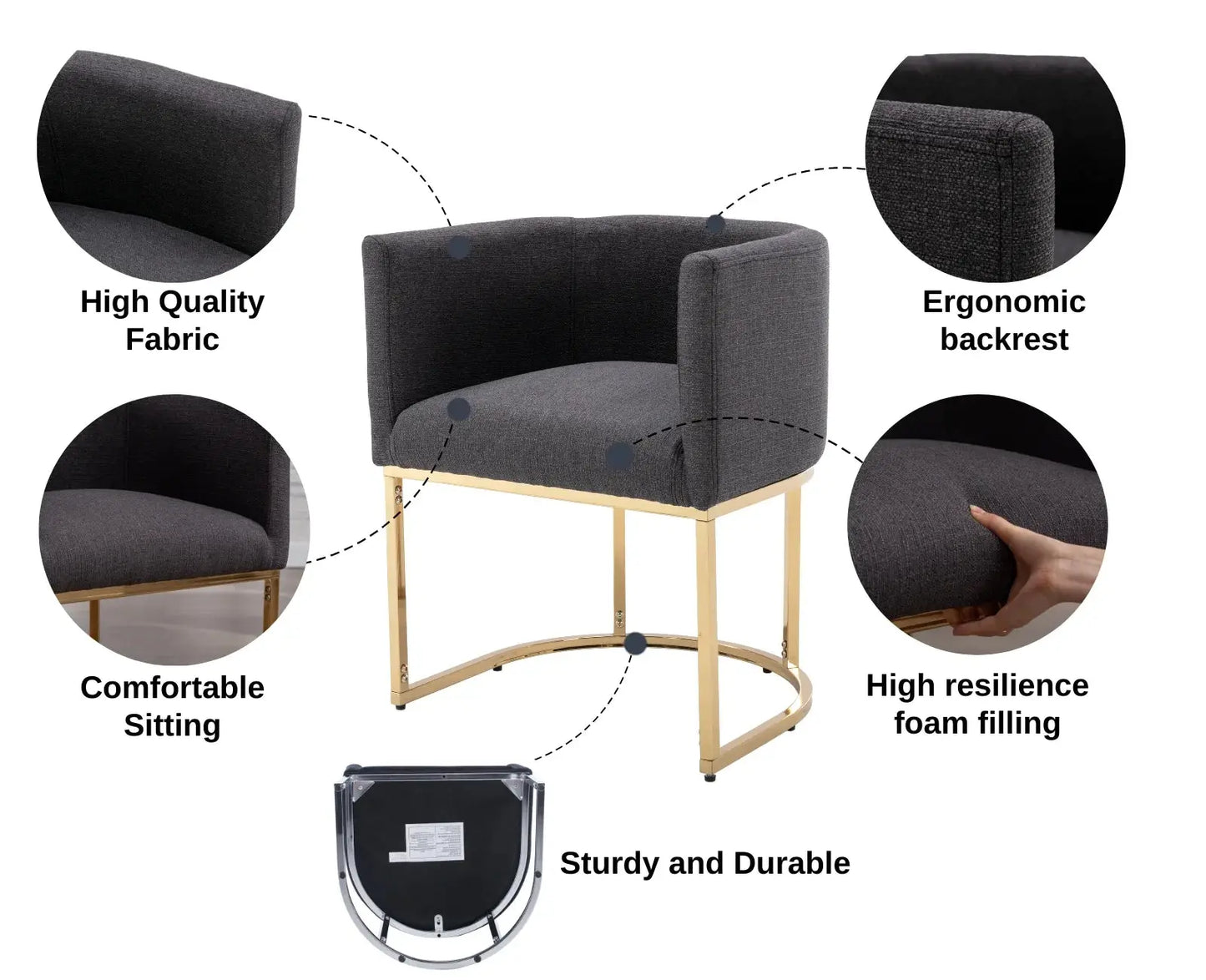 Modern Linen Dining Chair, Mid-Century Upholstered Barrel Kitchen Chairs Fabric Side Chair with Metal Legs and Curved Back for Living Room Dining Room Bedroom, Charcoal