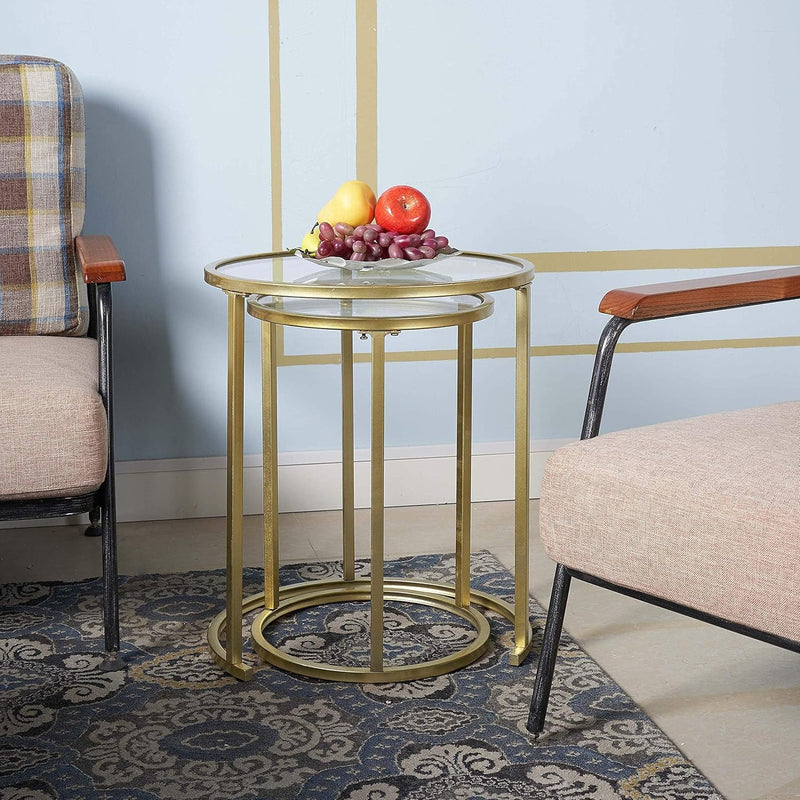 Set of 2 Gold Glass Nesting Side Tables - Round Stacking Coffee Tables for Small Spaces, Ideal for Living Room and Bedroom Decor