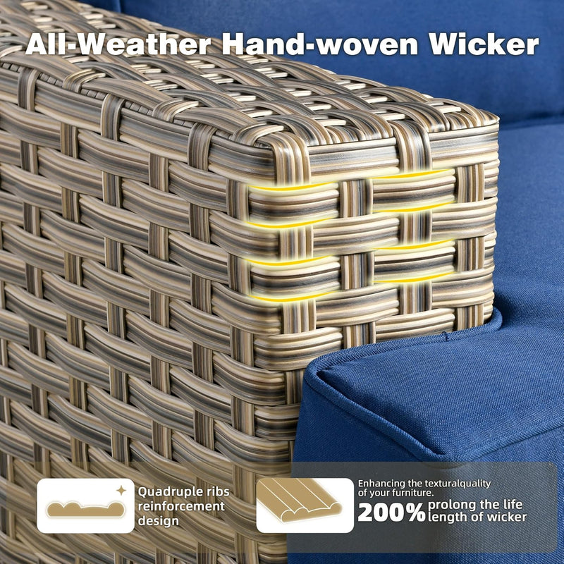 15-Piece Outdoor Sectional Sofa Set W/ 43" Fire Pit – L-Shaped Wicker Patio Furniture, Deep Seating & Swivel Rockers, Blue