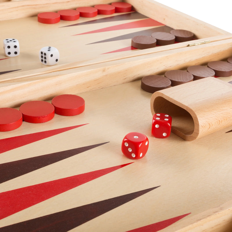 Wood Backgammon Board Game Set with Folding Board for Storage, Portable Handle, and Game Accessories by Hey! Play!