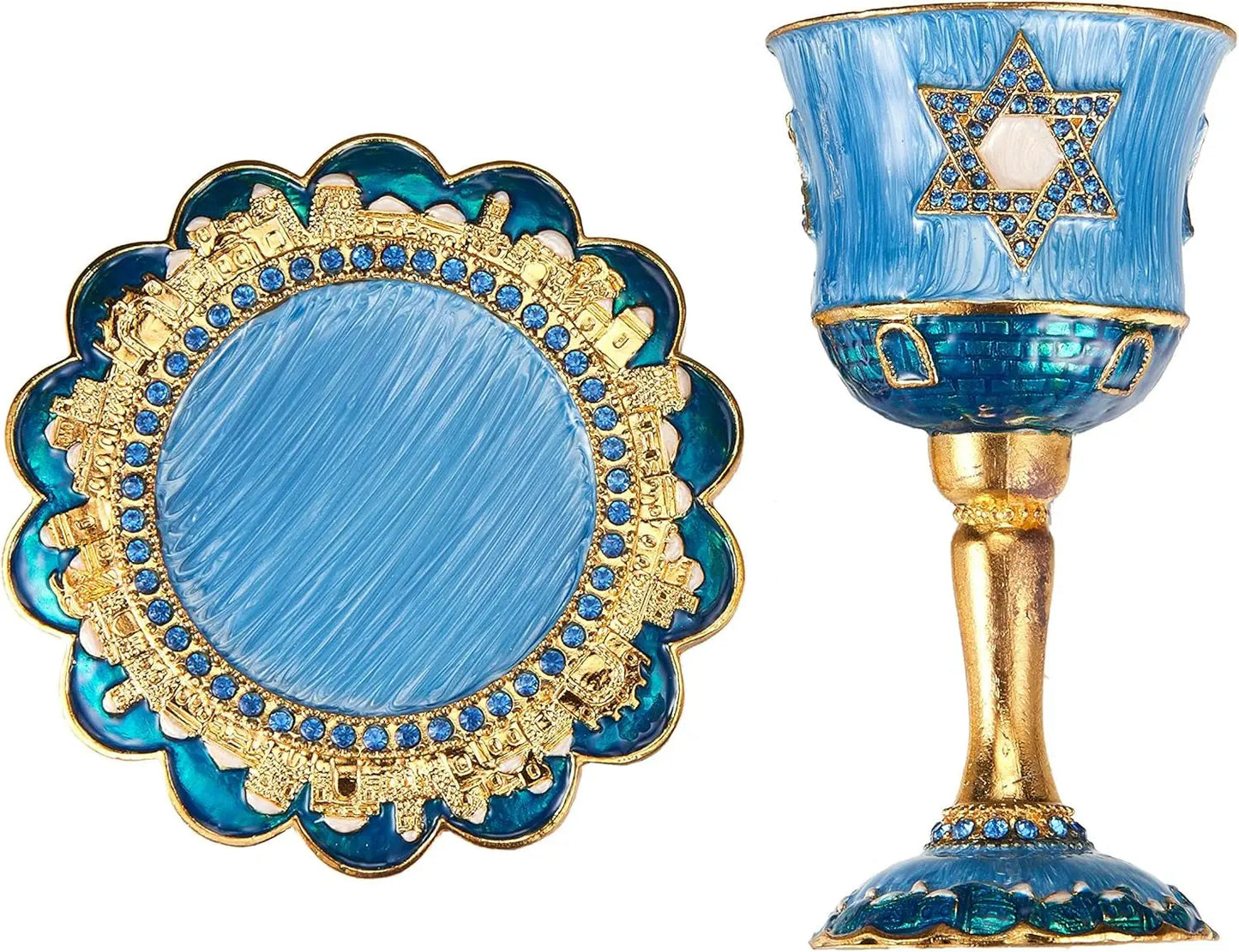 Hand-Painted Enamel Tall 5&quot; Kiddush Cup Set W/Stem &amp; Tray Embellished W/Crystals and Star of David Design for Weddings Shabbat Havdalah Passover Goblet Judaica Gift Cup