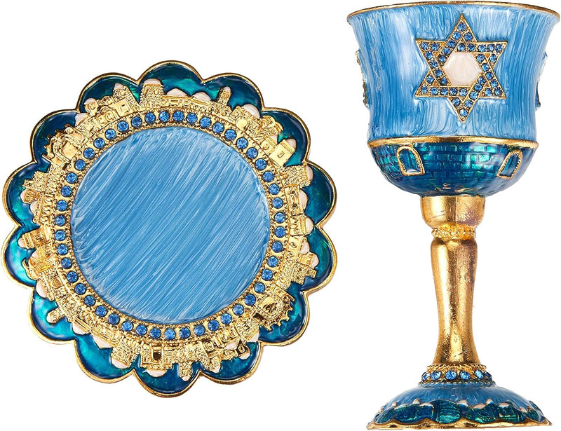 Hand-Painted Enamel Tall 5" Kiddush Cup Set W/Stem & Tray Embellished W/Crystals and Star of David Design for Weddings Shabbat Havdalah Passover Goblet Judaica Gift Cup