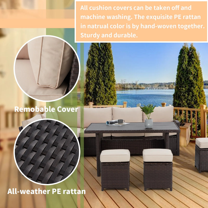 Transform Your Outdoor Experience with the Elegant 7 Piece Patio Conversation Set – Luxurious Beige Rattan Wicker Dining Furniture!