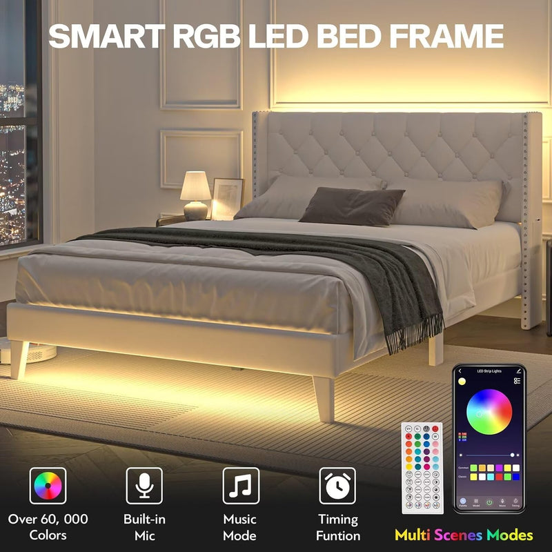 Full Size Bed Frame with Led Lights, Upholstered Velvet Platform Bed Frames with Button Tufted Wingback Headboard and Footboard, Wooden Slats Support, No Box Spring Needed, Beige