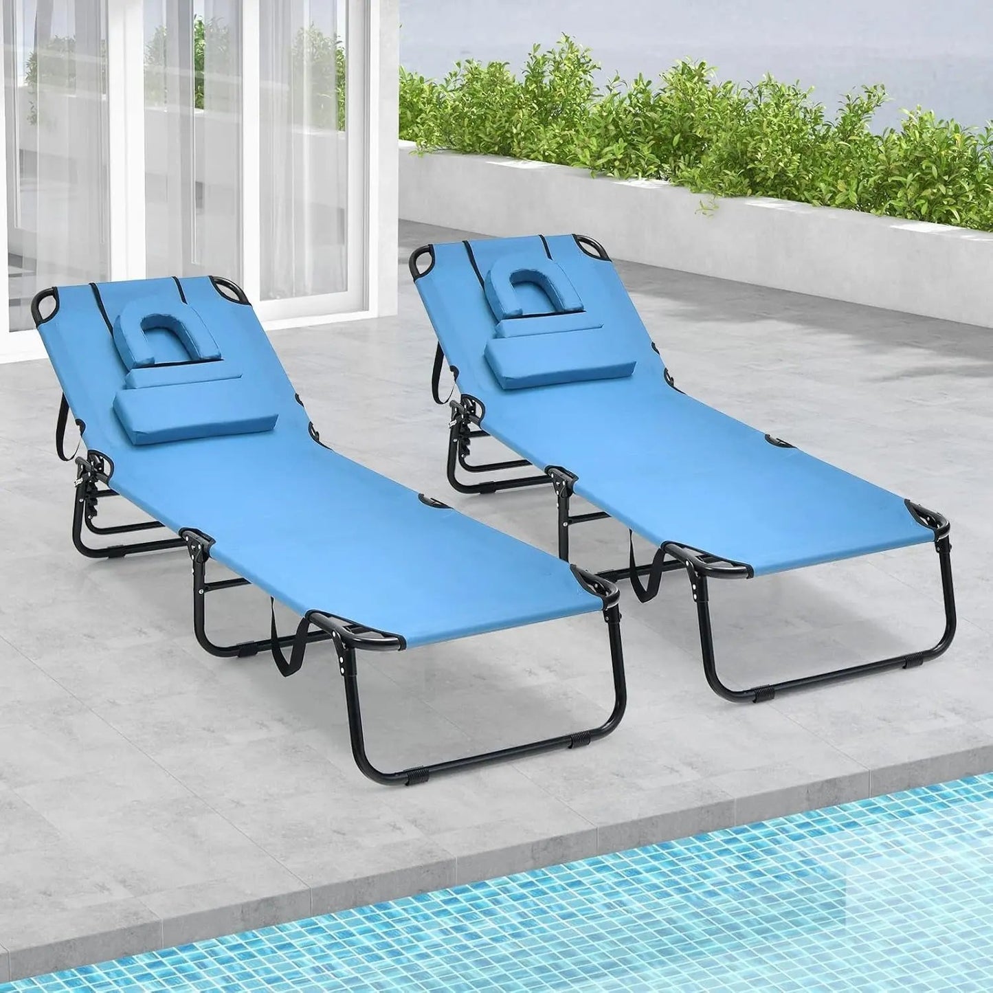 Chill in Style with Our Folding Chaise Lounge Beach Chair! Perfect for Tanning with a Face Hole Pillow – Ideal for Poolside, Patio, or Backyard Relaxation! 🌞💦 #SummerVibes #BeachReady